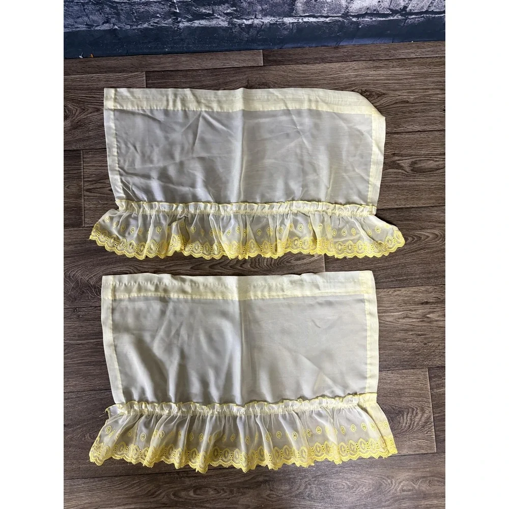 Yellow Ruffled‎ Sheer Window Curtains Set Valances Swags Embroidered Country